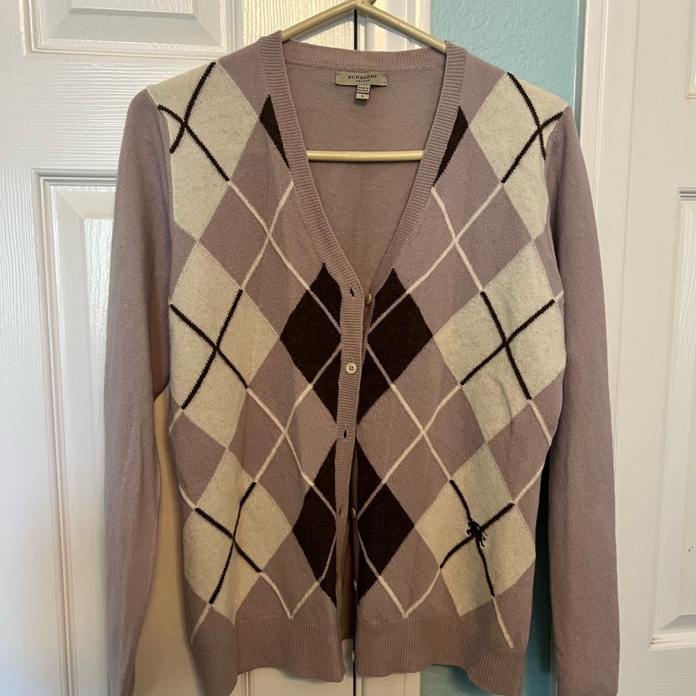 Burberry Argyle Cardigan in Lavender and Cream